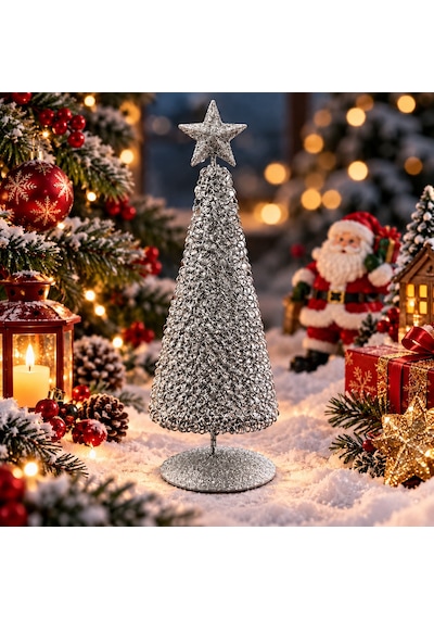 Özel Tasarım Metal 23 Cm Gümüş Yılbaşı Ağacı Metal Parlak Simli Gümüş Noel Ağacı Yılbaşı Çam Ağacı