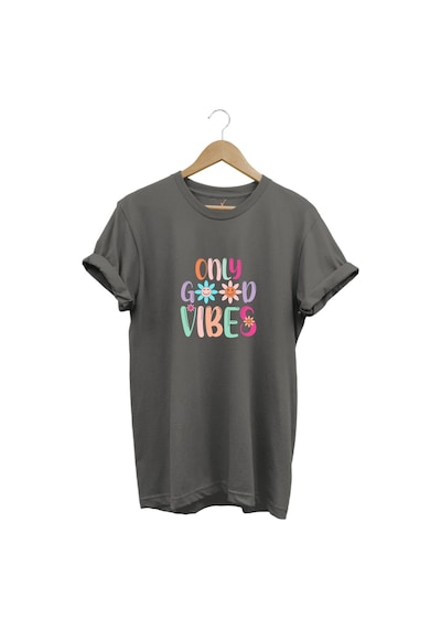Only Good Vibes Baskılı Papatya Desenli Renkli %100 Pamuk Regular Fit Bisiklet Yaka Gri T-shirt Gri
