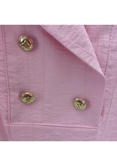 Büyük Beden Düğme Detaylı Yakalı Kapri Kol Yarım Patlı V Yaka Kadın Bluz Pembe