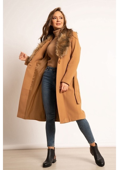 Lavajeans Yakası Kürklü Kadın Kaşe Kaban Kahverengi
