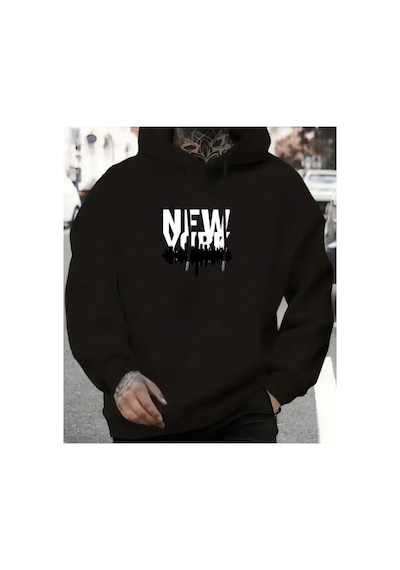 Herkesemoda Newyork Baskılı Kapşonlu Siyah Sweatshirt Siyah
