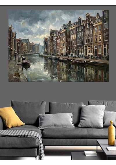 Amsterdam Kanalları Ve Tarihi Evler Dekoratif Kanvas - Mdf Ahşap Tablo