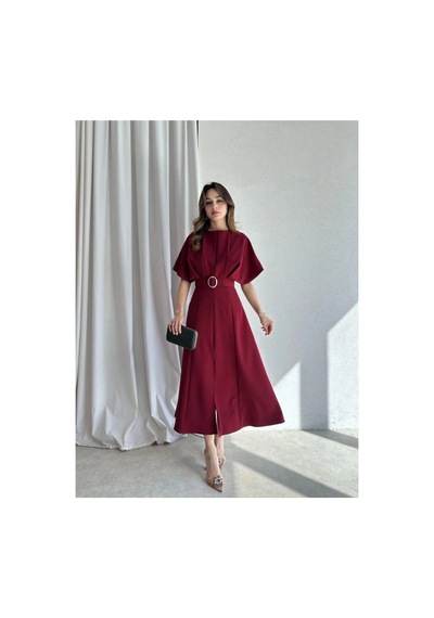 Genel Markalar Kemer Detaylı Midi Elbise Bordo Renk Elbise Bordo Bordo