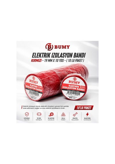 Elektrik İzolasyon Bandı Kırmızı - 19 Mm X 10 Yds - 10 Lu Paket