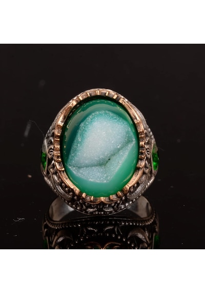 Vintage Erkek 925 Ayar Gümüş Yüzük, Doğal Druzy Kuvars Taş Gümüş