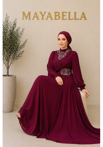 Mayabella Taşlı Şifon Tesettür Abiye Fuşya