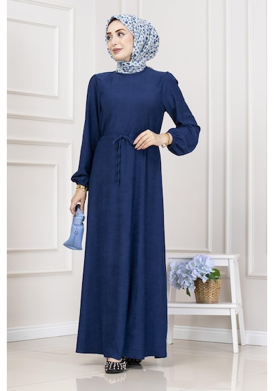 Sevitli Beli Tünelli Fitilli Aslı Elbise-saks Mavi-5465 Saks Mavi