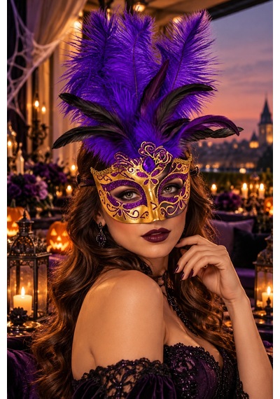 Mor Gold Tüylü Venedik Maskesi Taşlı Simli Yılbaşı Halloween Cadılar Bayramı Balo Parti Maskesi
