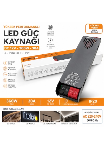 İnoled 1209 30a 360w 12v Led Güç Kaynağı Kısa Devre Korumalı Adaptör Şerit Led Trafo 220v Ac 12v Dc Dönüştürücü Yüksek Verimli, Güvenli, Uzun Ömürlü Led Trafo 30 A