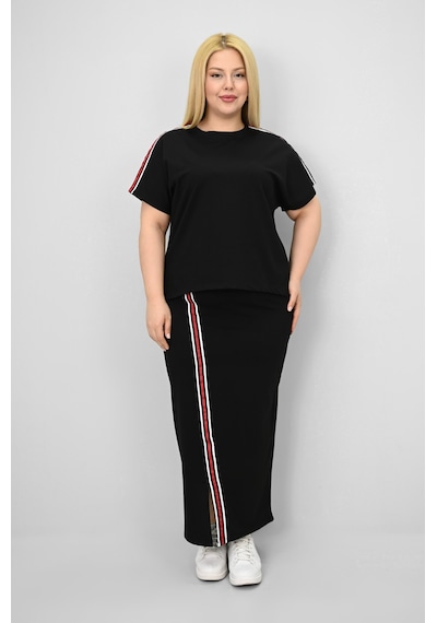 Koza Butik Kadın Büyük Beden Kısa Kollu Şeritli Etek Takım 8204-25 Siyah