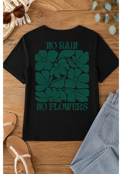 Spoyi Yeşil Yağmur Çiçekleri Tasarımlı %100 Pamuk Yarım Oversize Siyah T-shirt
