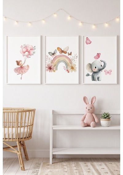 Beyaz Ahşap Çerçeveli Gökkuşağı Fil Bebek Odası Çocuk Duvar Tablosu 3 Lü Set Beyaz