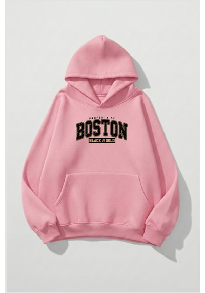 Uyguntarz Unisex Yumuşak Dokulu Boston Black & Gold Baskılı Tasarım Oversize 3 İplik Hoodie Sweatshirt Pembe