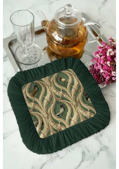 Lüks Gotik Kuş Motifli Saçaklı Sunum Peçetesi - Vintage Avangart Yeşil Bardak Altlığı Mendil Çok Renkli