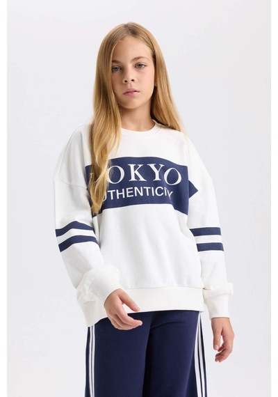 DeFacto Kız Çocuk Oversize Geniş Kalıp Bisiklet Yaka Baskılı Sweatshirt D3806A824WNNV241 Lacivert