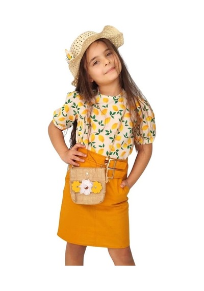 Quzucuk Kids Kız Çocuk Limon Figürlü Etekli Sarı Takım Sarı