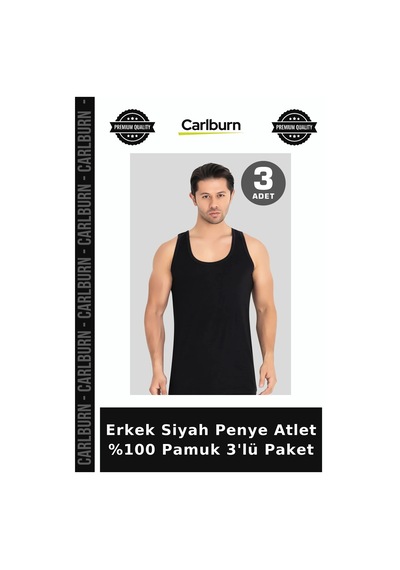 Carlburn Özel Seri Erkek Siyah Penye Atlet %100 Pamuk 3'lü Paket Casual Giyim