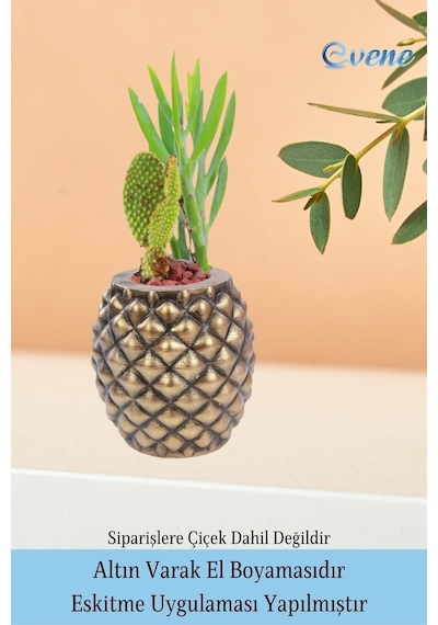 Ahşap Ayaklı Beton Saksı Büyük Boy 1 Adet Ananas Model - Altın Eskitme