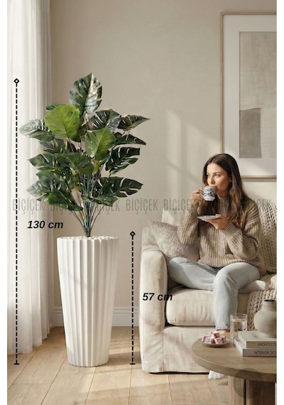 Yapay Monstera Deve Tabani Bi Tki Si 130 Cm Beyaz Li Lyum Saksıda