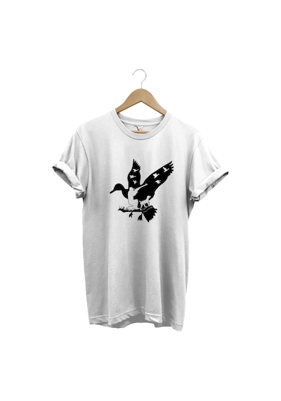 Avcılık Hunting Ördek Avı Köpek Ve Avcı Baskılı %100 Pamuk Regular Fit Beyaz T-shirt Beyaz