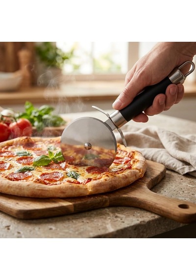Büyük Boy Siyah Hamur Pizza Kesme Ruleti, Paslanmaz Çelik Diskli Pizza Dilimleyici, Ergonomik Saplı Hamur Börek Pasta Lavaş Kesme Aparatı, Askı Delikli Mutfak Kesici