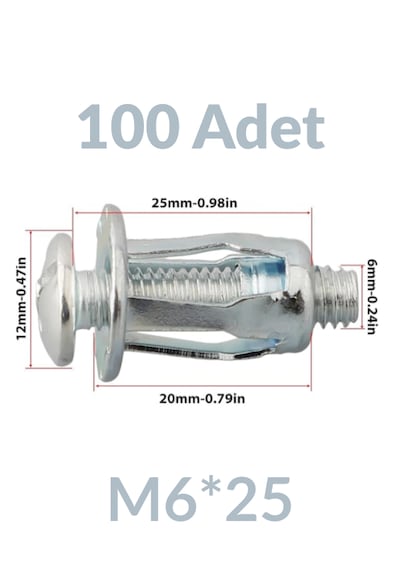 M6x25 100 Adet Sac Arkası Açılır Somun Çiçek Perçin Somunu - Kriko Ankraj Fener Tipi Genleşme Vidası M6