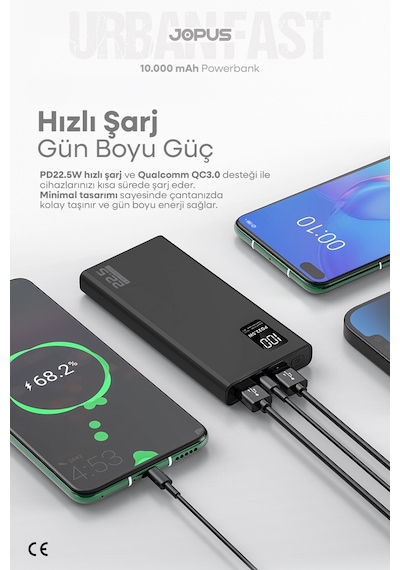 Jopus 10000mah Powerbank Pd 22.5w Hızlı Şarj - Dijital Ekranlı - Taşınabilir Şarj Cihazı Siyah