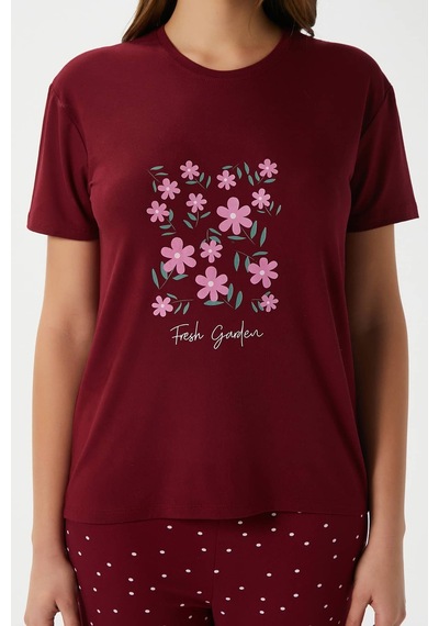 Ritnice Kadın Garden Yumuşak Doku Bordo Çiçek Desen Bisiklet Yaka Kısa Kollu Alt Üst Pijama Takımı