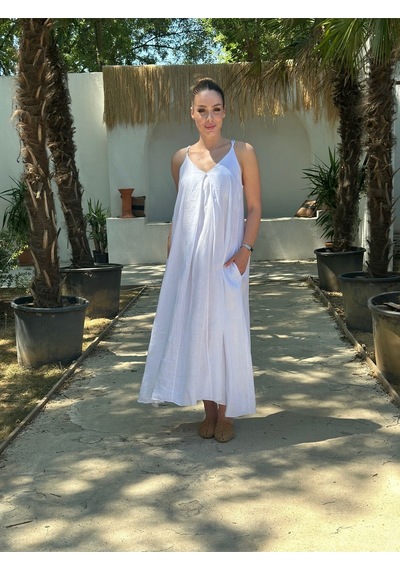 Yazlık Keten Askılı Oversize Elbise Beyaz