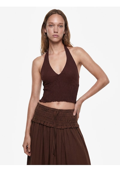 Koton Keten Karışımlı Halter Yaka Boyundan Bağlamalı Gipeli Crop Top Kahverengi 6sal30008ıw Kahve