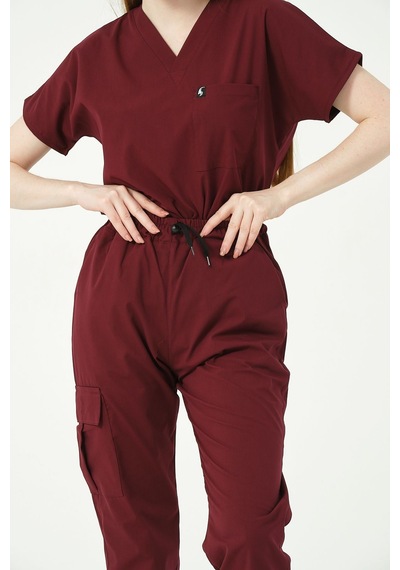 Bordo Likralı Kargo Cep Jogger Paça Doktor Hemşire Forması Tek Alt Unisex