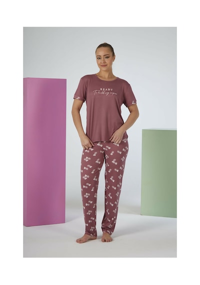 Estiva Kadın Yaprak Alt Desenli Kısa Kollu Soft Pijama Takımı Pudra