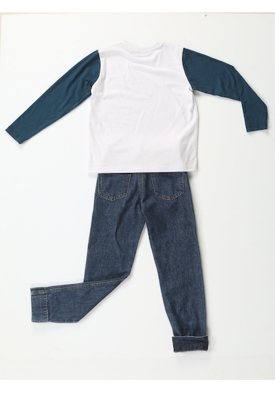 Casabony Korsan Denim Pantolon + T-Shirt Takım-Indigo - Beyaz İndigo - Beyaz