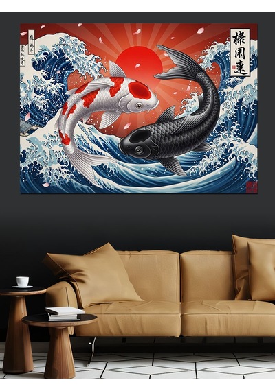 Ahşap Tablo Dalgalar Arasında Kırmızı Japon Balığı Çocuk Odası Tabloları