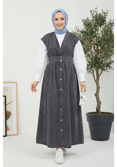 Hb Harma Time Butik Kadın V Yaka Düğmeli Kot Siyah Jile Siyah Siyah