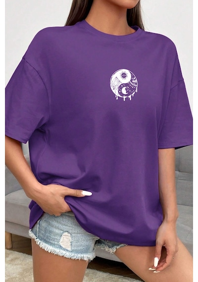 Unisex Yin & Yang Baskılı T-shirt Mor