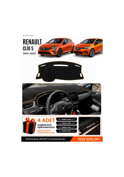 Renault Clıo 5 2019-2026 Uyumlu Torpido Örtüsü, Torpido Kılıfı - Siyah Kahverengi