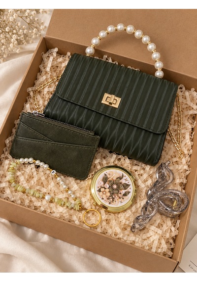 Elpida Bags Haki Incili Omuz Çantası - Kartlık, Cep Aynası, Saç Tokası & Kişiye Özel Charm Hediye Seti
