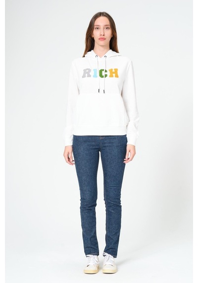 Kadın Kapüşonlu Süzüne Baskılı Sweatshirt Beyaz