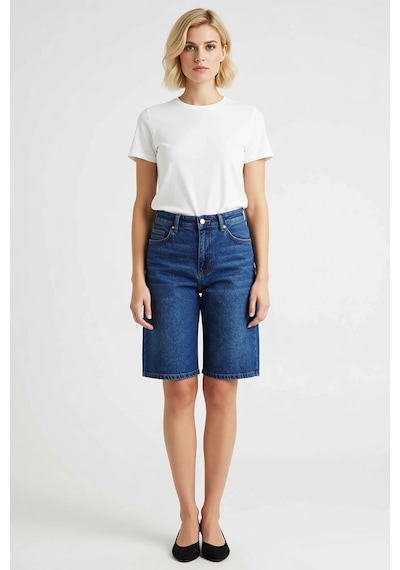 Benerly Kadın Yüksek Bel Geniş Paça Denim Bermuda Düz Desen Rigid Dokuma Koyu Mavi