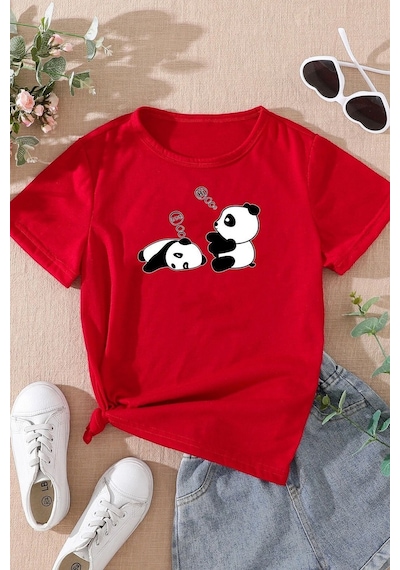 Uyguntarz Çocuk Sleep Panda Baskılı Pamuklu Tshirt Kırmızı