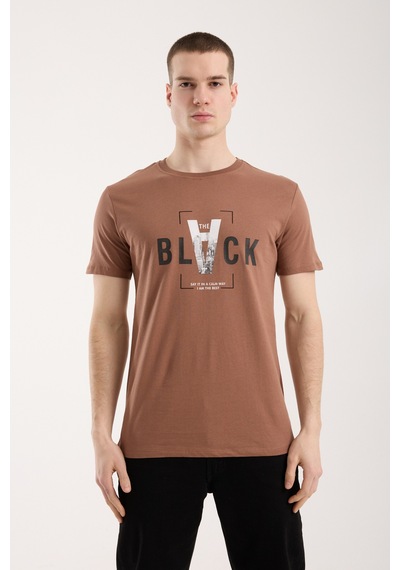 Maximodena Erkek Tipografi Detaylı Modern T-shirt - Kahverengi