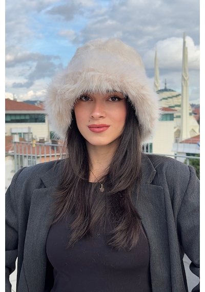 Mollycrush Suni Kürklü Peluş Bucket Kalpak Şapka Luxury Kadın Bej Rus Slav Tarzı Bej