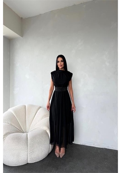 Neşeli Butik Kadın Kuşağı Taş Detaylı Midi Şifon Elbise Nbmy3509 Siyah