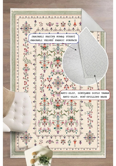 Floral Elegance Desen Baskılı Kaymaz Yıkanabilir Salon Oturma Odası Mutfak Balkon Halısı Yolluk Çok Renkli