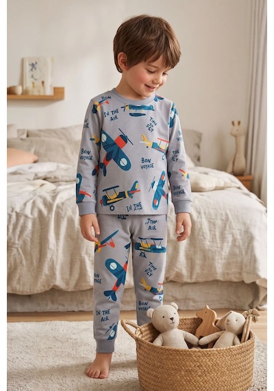Zuzunga Time To Fly Gri Renk Uçak Desenli Erkek Çocuk Pijama Takımı