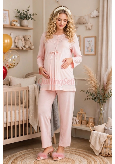 Lady Bebe Pembe Renkli, Dantel Detaylı 33209 Uzun Kol, 2 Parça Lohusa Hamile Pijama Takımı Açık Pembe