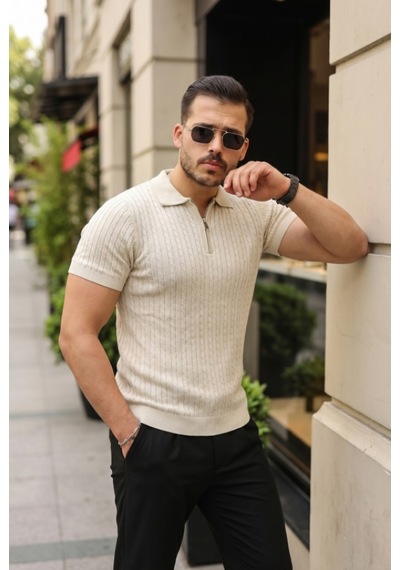 Efnaz Style Erkek Örgü Desen Fermuar Yakalı Triko Tişört Taş