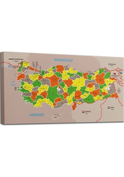 Doğaltercih Türkiye Haritası Kanvas Tablo İl ve İlçeli Ayrıntılı Eğitici-Öğretici Komşulu Dekoratif Tablo 2999