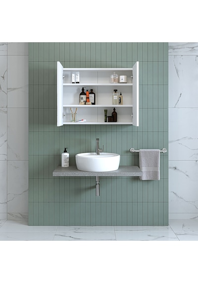 Banos Banyo Roomart Ad7 Kulpsuz 2 Kapaklı Mat Beyaz Mdf 80 Cm Aynalı Banyo Üst Dolabı Mat Beyaz